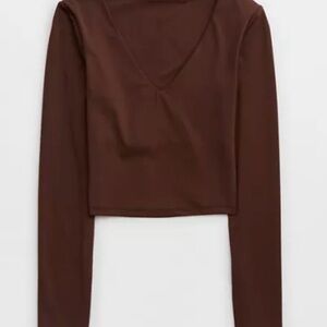 OFFLINE by Aerie Real Me Brown Long Sleeve V-Neck Crop Top
